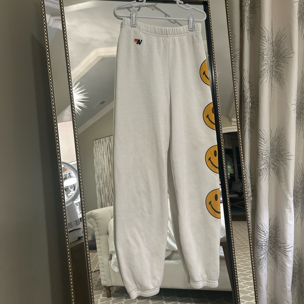Aviator Nation White Sweatpants with Yellow Smiley Faces